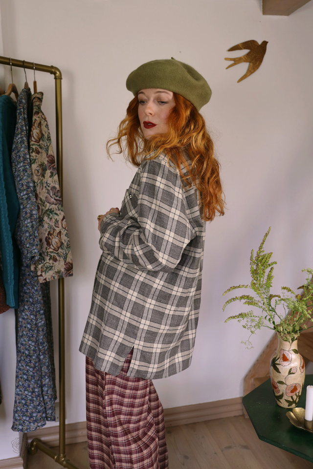 Grey Plaid Autumn Vintage Blouse | XL