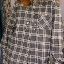 Grey Plaid Autumn Vintage Blouse | XL