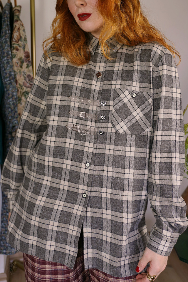 Grey Plaid Autumn Vintage Blouse | XL