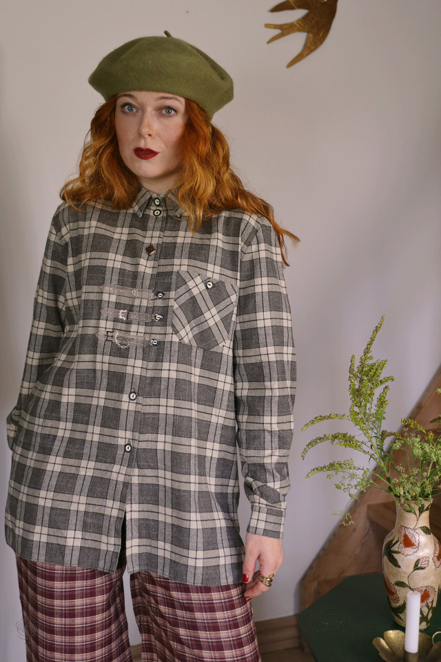 Grey Plaid Autumn Vintage Blouse | XL