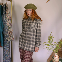 Grey Plaid Autumn Vintage Blouse | XL