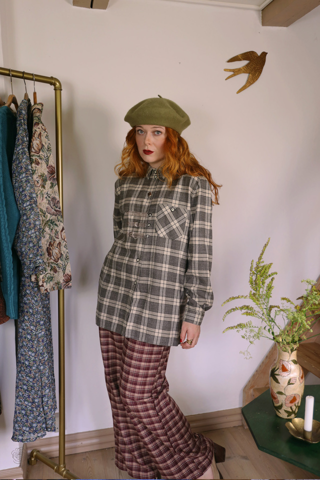 Grey Plaid Autumn Vintage Blouse | XL