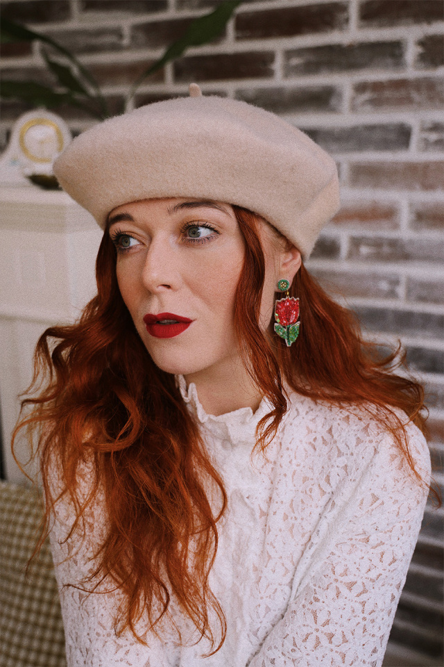 Red Tulip Beaded Earrings