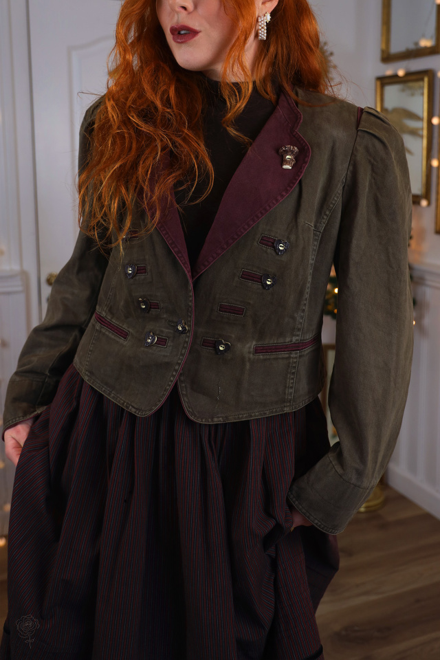 Khaki Green &amp; Burgundy Cotton Vintage Jacket | 