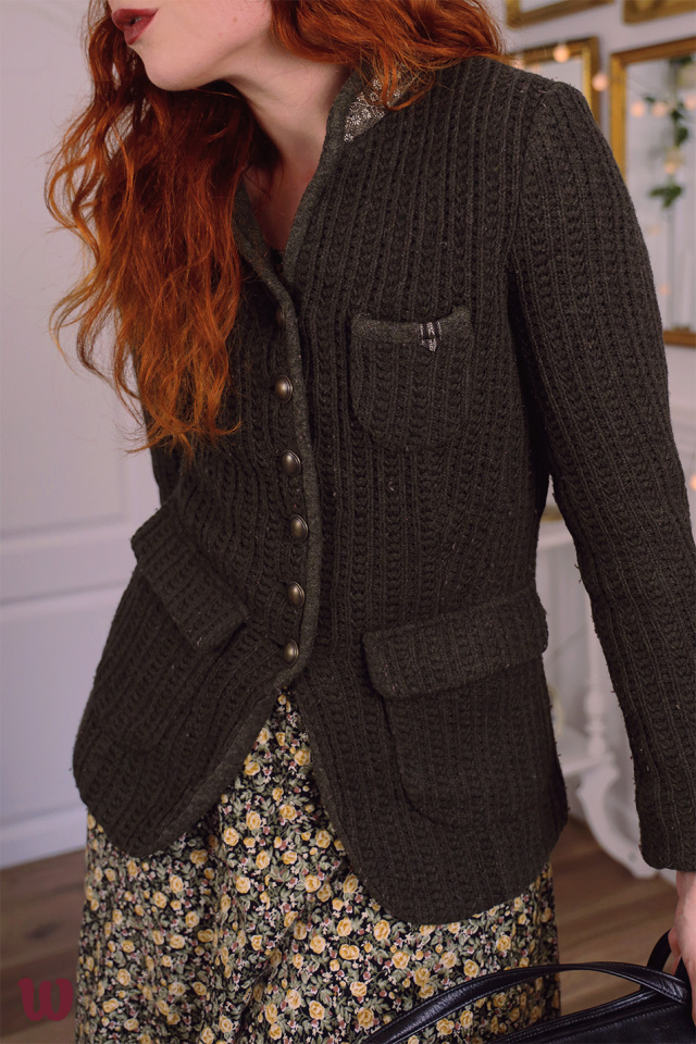 Kahki Green Thick Knitted Vintage Jacket | S - Catalog