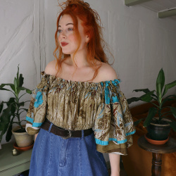 Recycled Khaki Turquoise Floral Boho Top | S