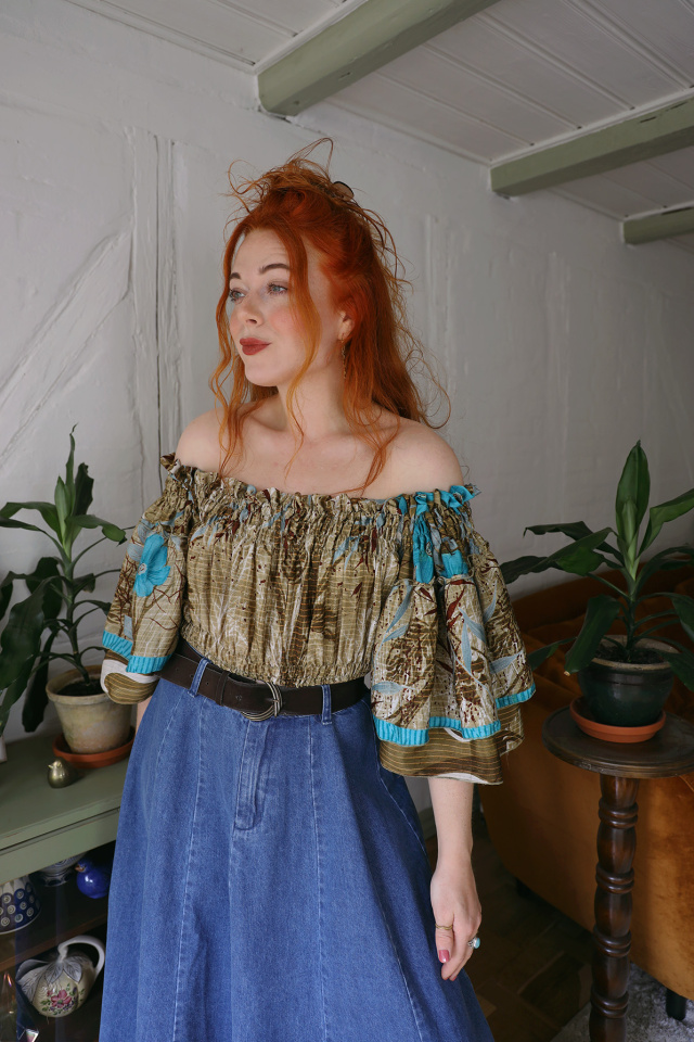 Recycled Khaki Turquoise Floral Boho Top | S