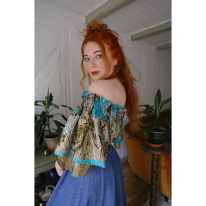 Recycled Khaki Turquoise Floral Boho Top | S