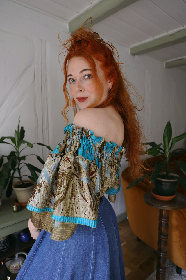 Recycled Khaki Turquoise Floral Boho Top | S