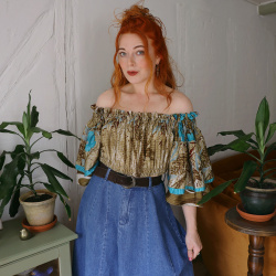 Recycled Khaki Turquoise Floral Boho Top | S