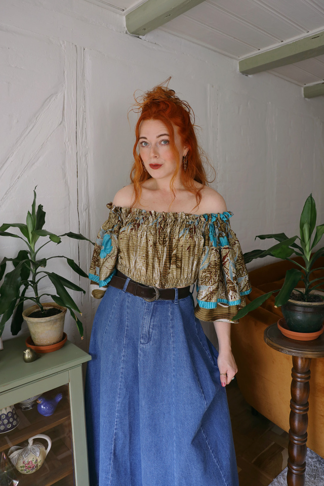 Recycled Khaki Turquoise Floral Boho Top | S