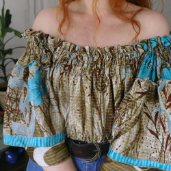 Recycled Khaki Turquoise Floral Boho Top | S