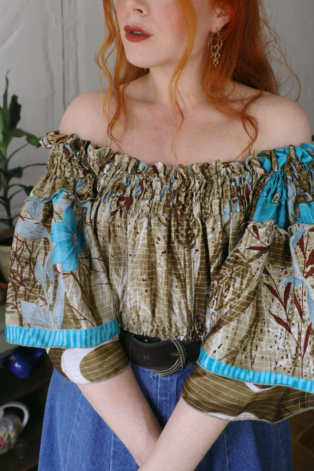 Recycled Khaki Turquoise Floral Boho Top | S