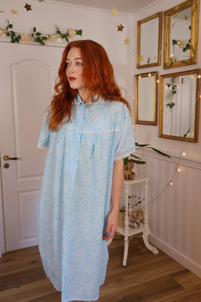 Light Blue Floral 70's Night Gown | L/XL