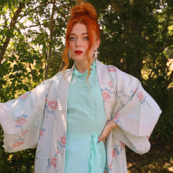 Light Blue Pink Floral Vintage Kimono | M-XXL