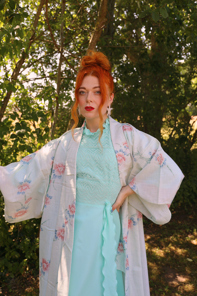 Light Blue Pink Floral Vintage Kimono | M-XXL