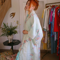 Light Blue Pink Floral Vintage Kimono | M-XXL