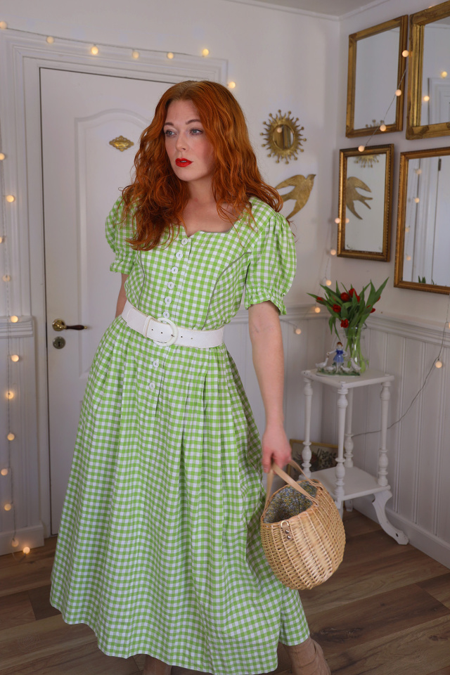 Light Green Gingham Vintage Dress | L