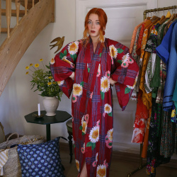 Long Red Floral Vintage Kimono | M-XXL