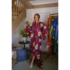 Long Red Floral Vintage Kimono | M-XXL
