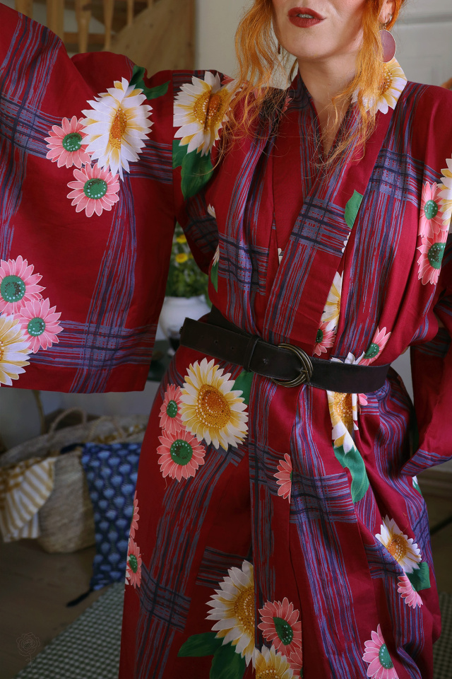 Long Red Floral Vintage Kimono | M-XXL
