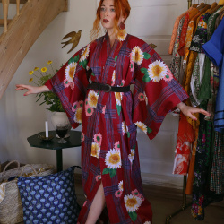 Long Red Floral Vintage Kimono | M-XXL