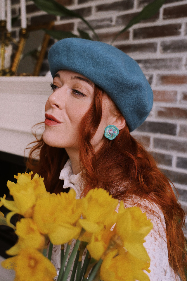 Mint Green Pansy Beaded Earrings 