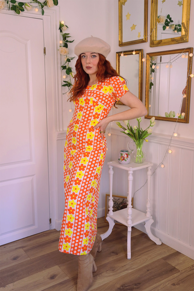 Orange &amp; Yellow Floral 70's Maxi Dress | XS
