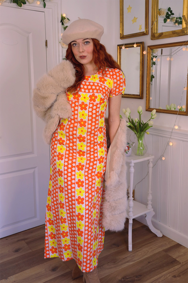 Orange &amp; Yellow Floral 70's Maxi Dress | XS