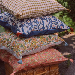 Blue Floral Cotton &amp; Velvet Pillow Cover 