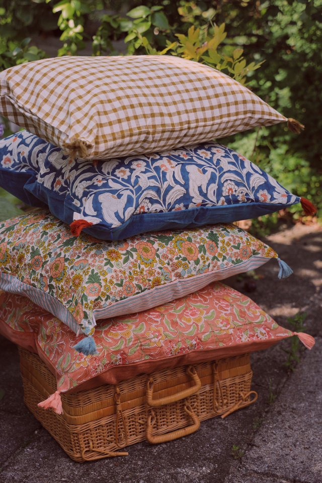 Blue Floral Cotton &amp; Velvet Pillow Cover 