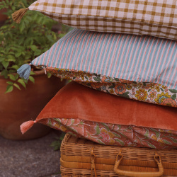 Retro Floral &amp; Blue Stripy Cotton Pillow Cover