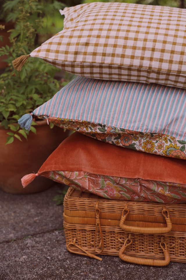 Retro Floral &amp; Blue Stripy Cotton Pillow Cover