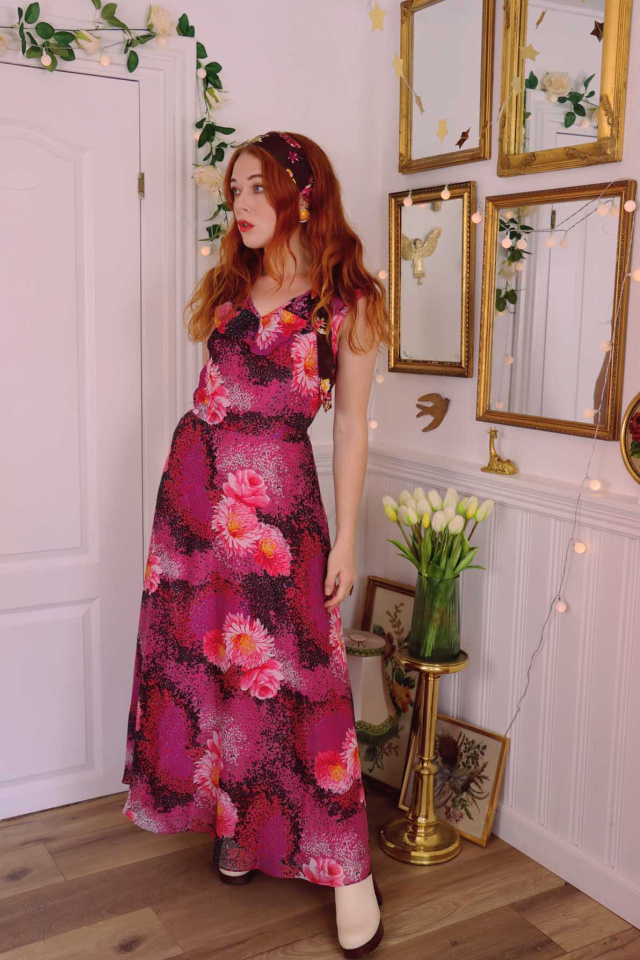 Pink Floral 70's Maxi Dress | S