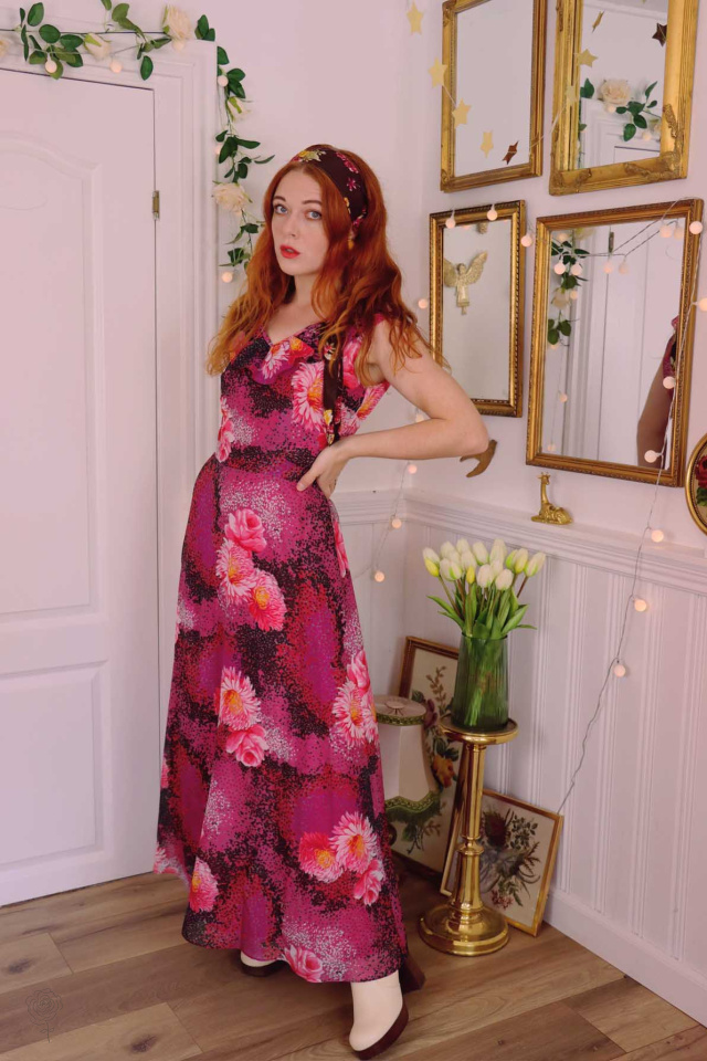 Pink Floral 70's Maxi Dress | S