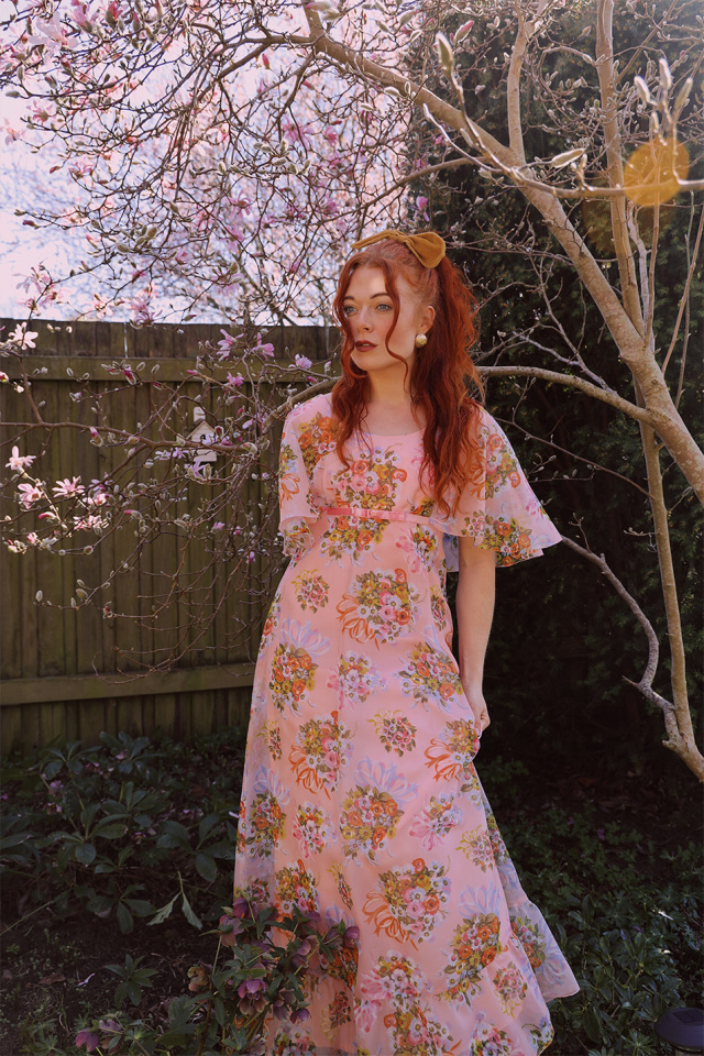 Pink Floral 70's Vintage Gown | M