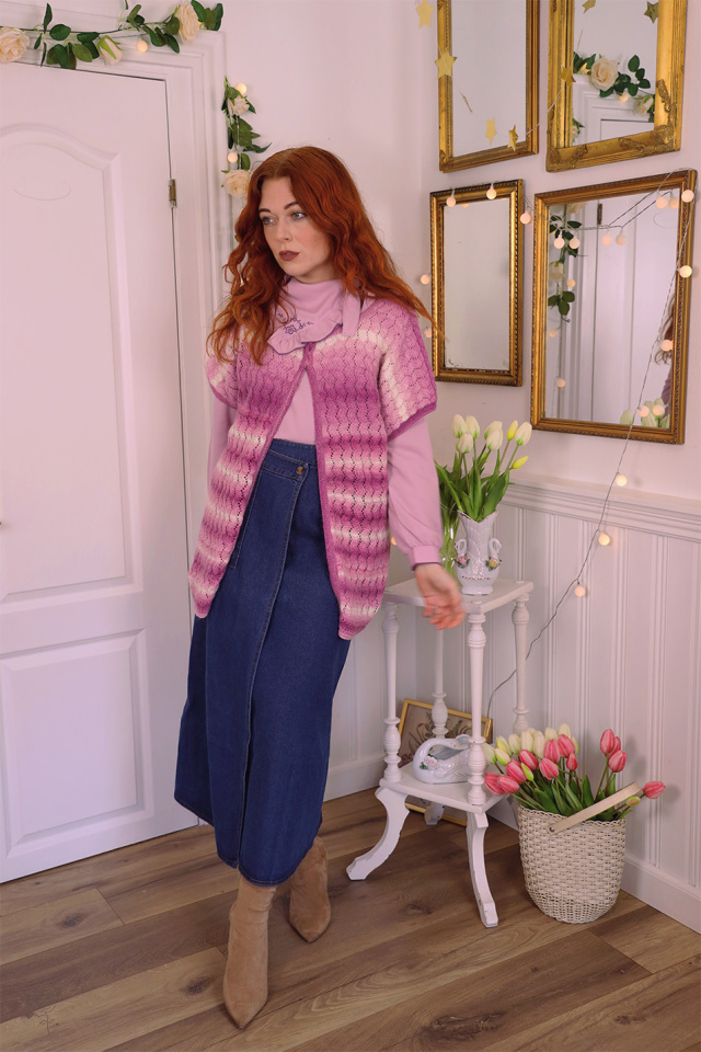 Pink Striped Handmade Knitted Vest | S/M 