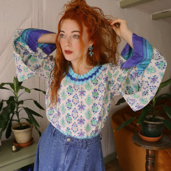 Blue Pattern Recycled Boho Blouse | S