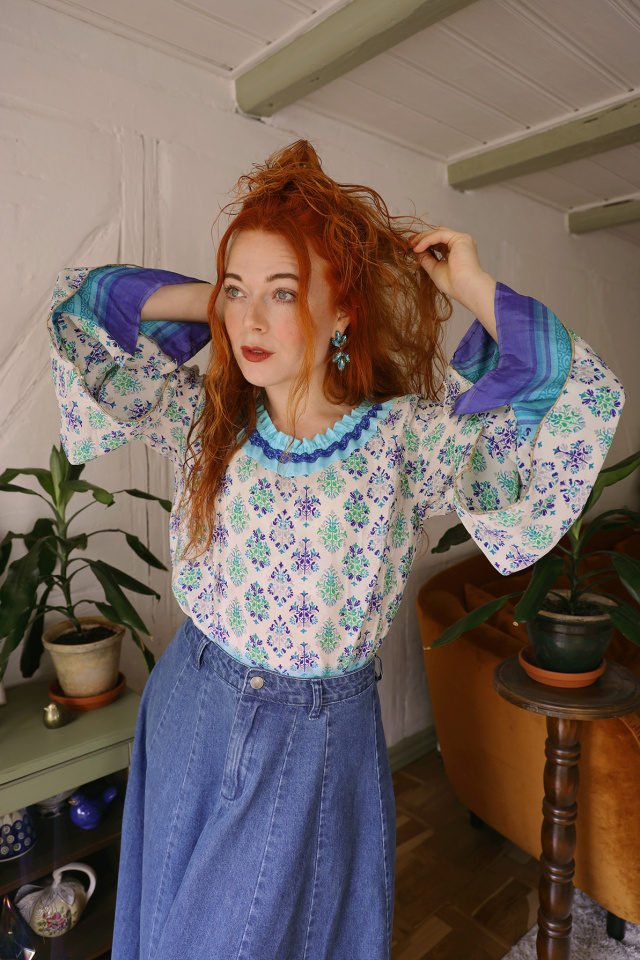 Blue Pattern Recycled Boho Blouse | S