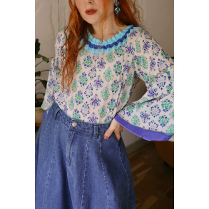 Blue Pattern Recycled Boho Blouse | S