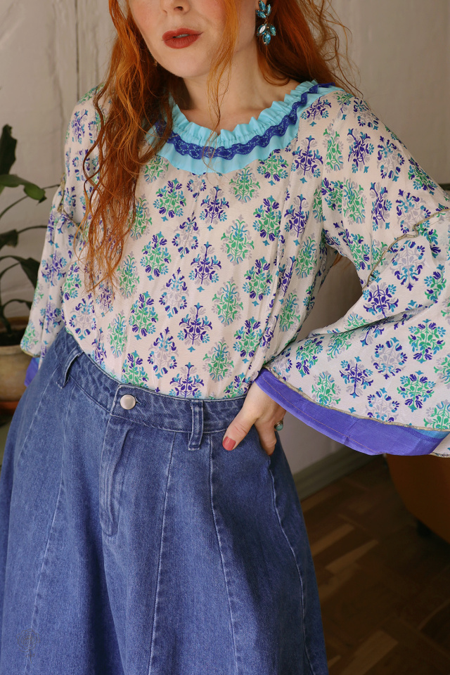 Blue Pattern Recycled Boho Blouse | S