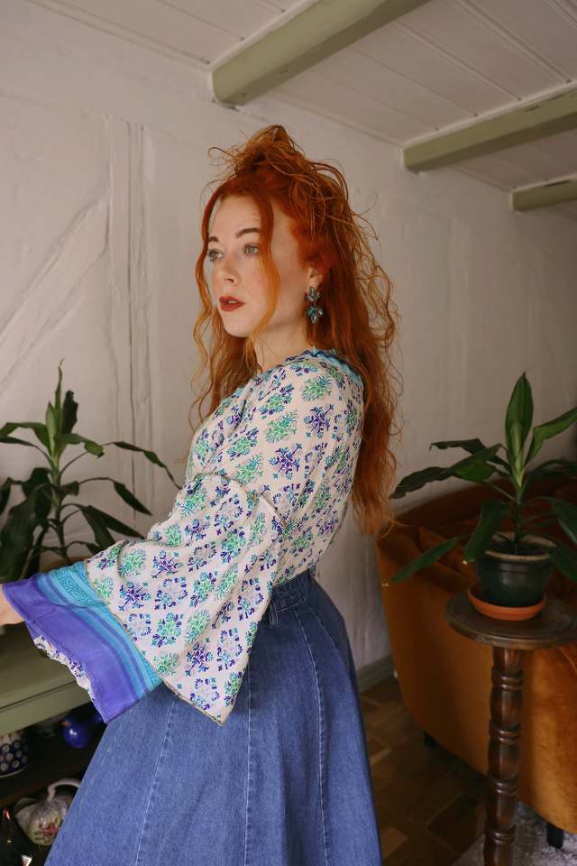 Blue Pattern Recycled Boho Blouse | S