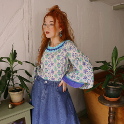 Blue Pattern Recycled Boho Blouse | S