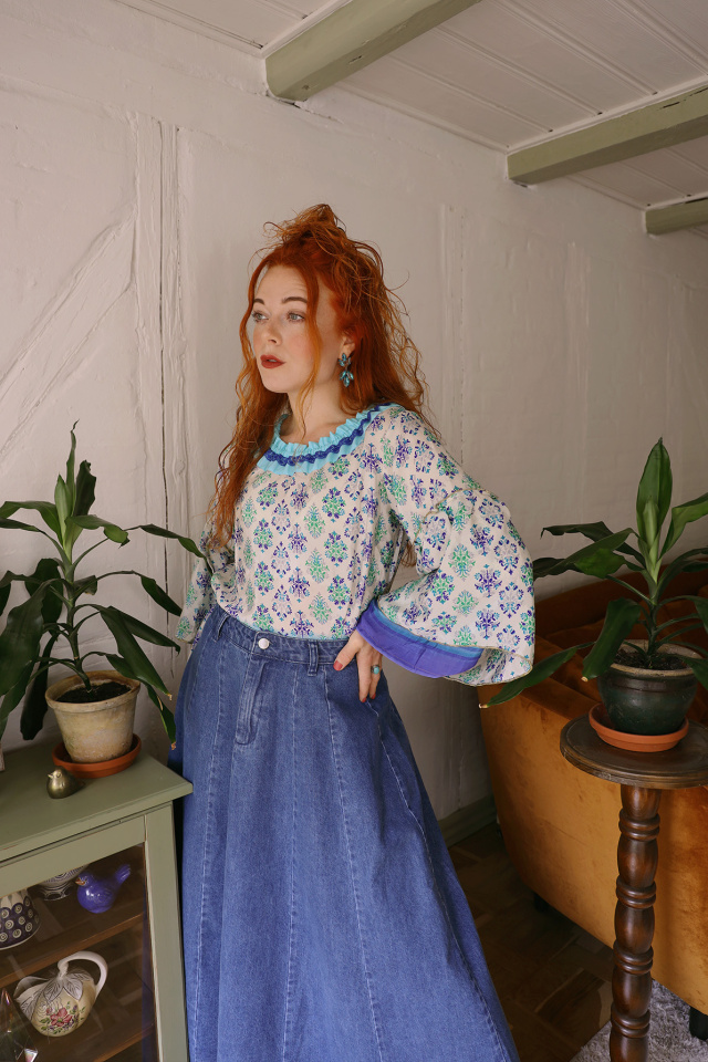 Blue Pattern Recycled Boho Blouse | S