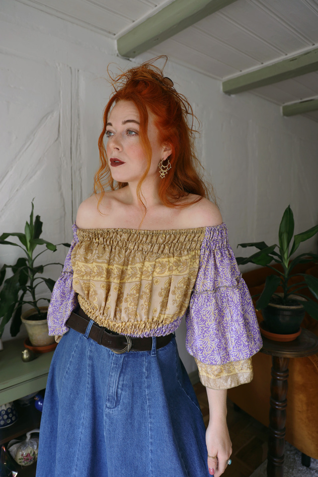Recycled Gold &amp; Lilac Cropped Boho Top | XS