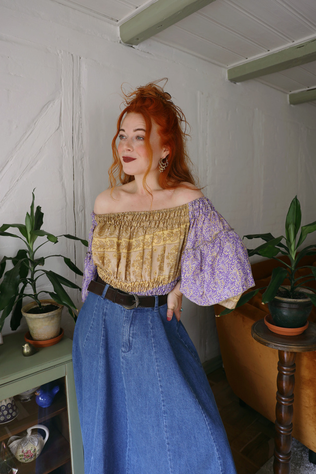 Recycled Gold &amp; Lilac Cropped Boho Top | XS
