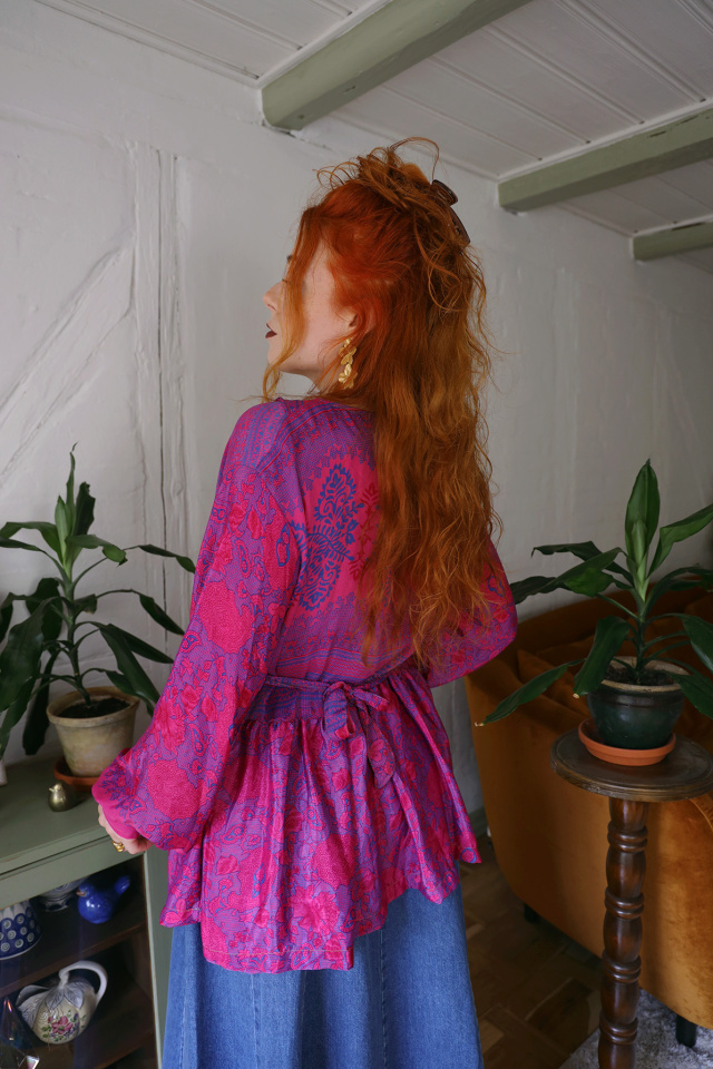 Recycled Hot Pink &amp; Blue Boho Blouse | L