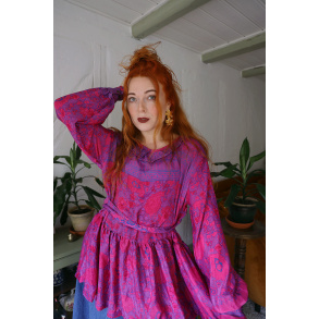 Recycled Hot Pink & Blue Boho Blouse | L