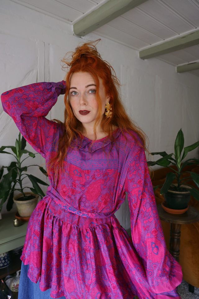 Recycled Hot Pink &amp; Blue Boho Blouse | L