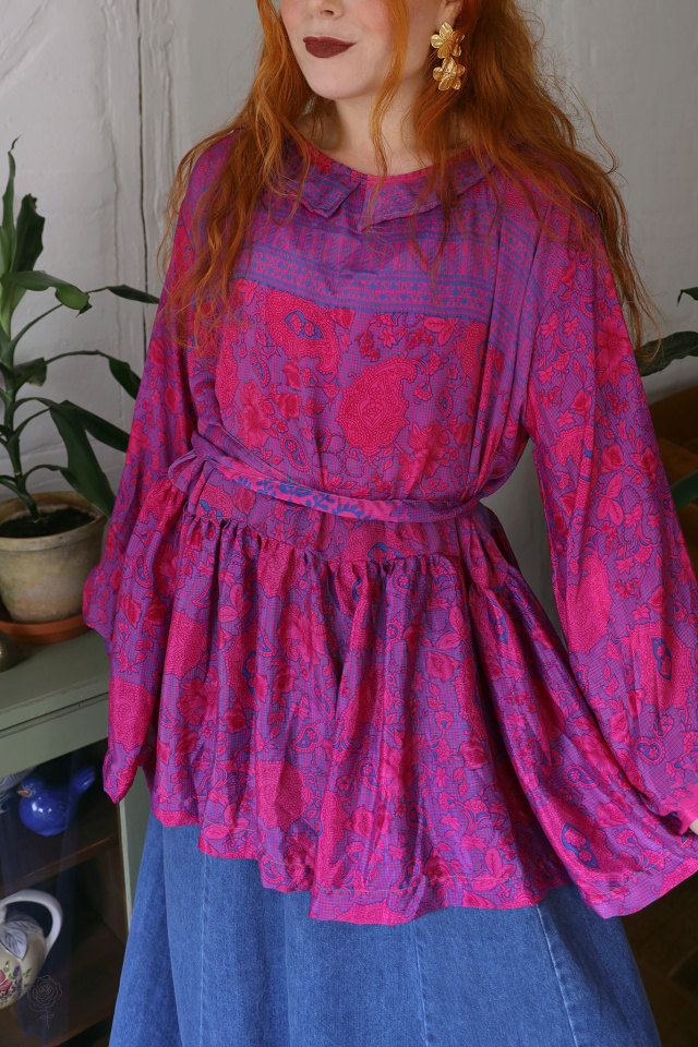 Recycled Hot Pink &amp; Blue Boho Blouse | L
